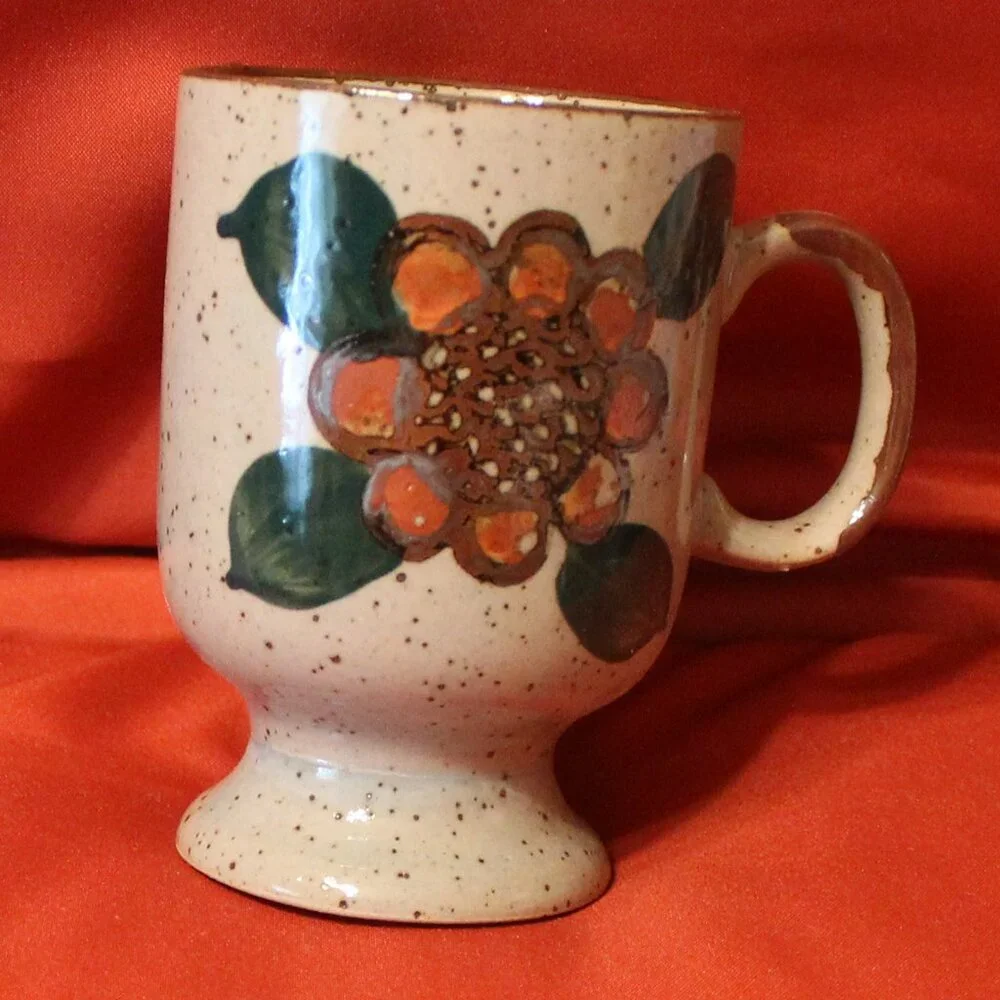 Vintage Hand Painted Fred Roberts Co. Ceramic Mug Orange, Blue & Brown Set 4